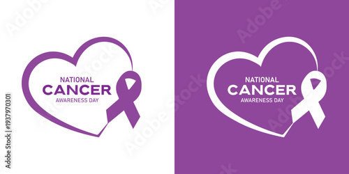 Purple ribbon heart graphic design symbolizing national cancer awareness day support and solidarity