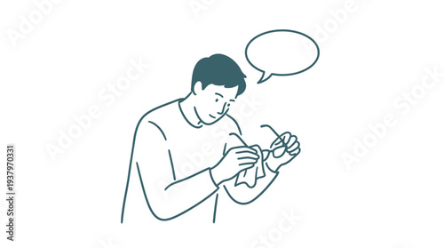 Close up illustration of a man cleaning his glasses with a cloth and speech bubble in a simple line art.