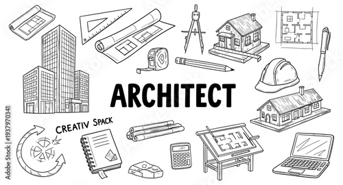 Architectural design tools and building sketches, a creative profession concept