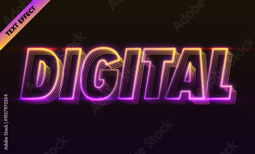 Digital neon text effect with pink yellow gradient glow and retro futuristic line art style