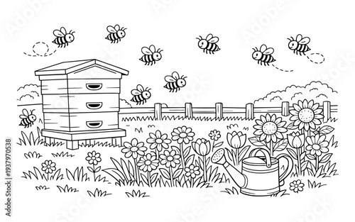 Cartoon bees buzzing around a beehive in a garden with flowers and a watering can
