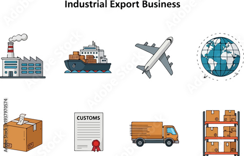 Illustration of industrial export Factory ship airplane globe box customs form truck warehouse shelf