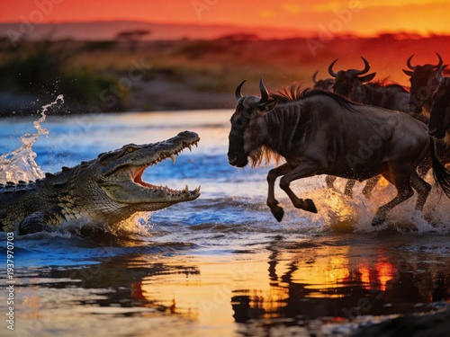 Massive crocodile lunging from murky river at migrating wildebeest, water exploding in frozen arcs under dramatic golden sunset wildlife realism.