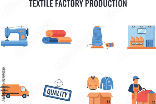 Textile factory icons showing sewing fabric rolls spools buildings delivery trucks quality signs clothes boxes and workers