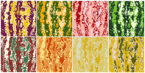 patterns and color palette are inspired watermelon rinds in an abstract style. There are 8 set in total, each with a different color scheme. Vector illustration