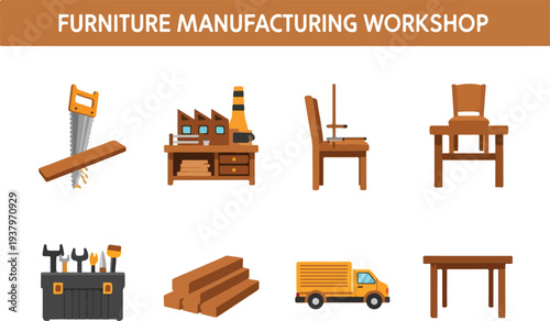A graphic shows workshop icons saw factory chair assembly chair toolbox wood truck and table