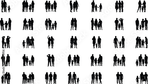 Large collection of black family silhouettes showing parents with children and babies walking standing and holding hands together isolated on white background for design