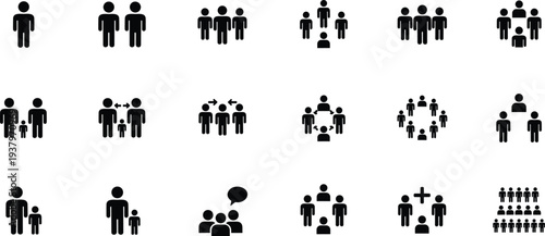 Large collection of black flat vector people icons showing various group sizes family units social gathering teamwork and community leadership for interface design