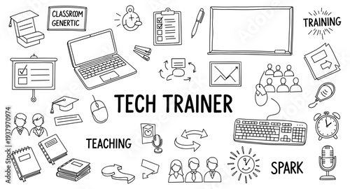 Tech trainer concept with icons for learning, teaching, and technology tools