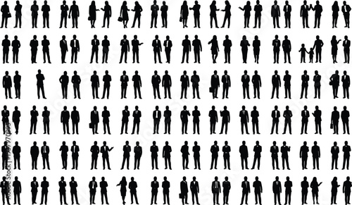 Large collection of black silhouettes showing business couples and professional partners standing in various poses for corporate teamwork communication and office collaboration designs