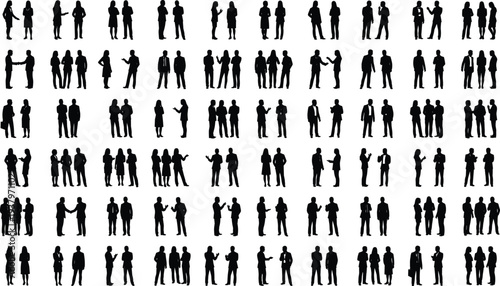 Large set of black vector business silhouettes featuring professional men and women talking, shaking hands, and collaborating for corporate office networking and partnership design.