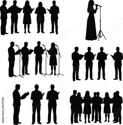 Large Silhouette Collection of People Singing in Choir Performing on Stage with Microphones and Music Sheets for Concert Performance and Musical Event Design