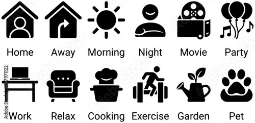Daily activities silhouette icons set featuring home, work, cooking, exercise, party, movie, relaxation, garden, pet, and lifestyle graphics