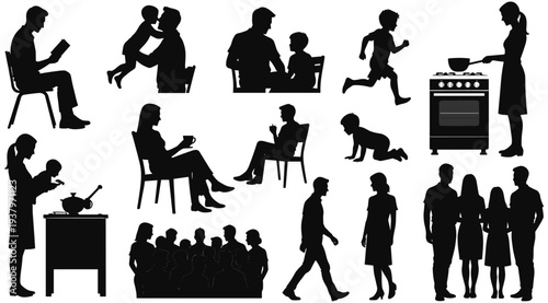 family, child, adult, baby, cooking, reading, walking, playing, feeding, group, lifestyle, home, care, love, silhouette,
family icon, child play, adult care, baby feeding, cooking stove, reading book,