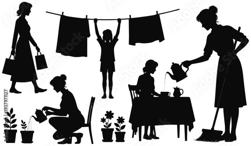 Domestic life silhouette icons set featuring shopping, plant care, laundry, tea serving, sweeping, and everyday household lifestyle graphics