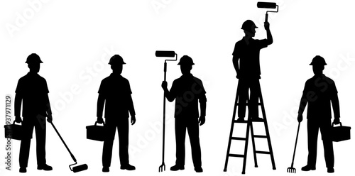 Construction and maintenance worker silhouette icons set featuring hammer, paint roller, spray gun, toolbox, and manual labor graphics