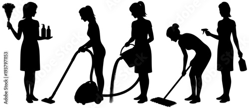 Housekeeping and cleaning silhouette icons set featuring vacuuming, mopping, scrubbing, dusting, spray bottles, and janitorial lifestyle graphics