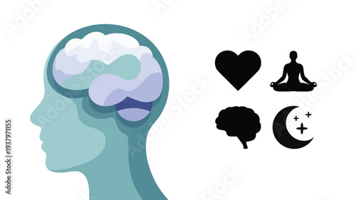 Mental health wellness concept with human brain mindfulness meditation emotional balance psychology therapy self care and healthy mind illustration