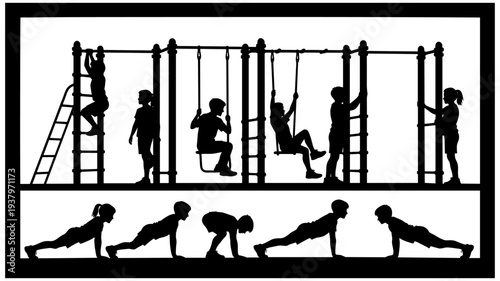 Playground and exercise silhouette icons set featuring children playing, push‑up workout stages, fitness activity, and healthy lifestyle graphics