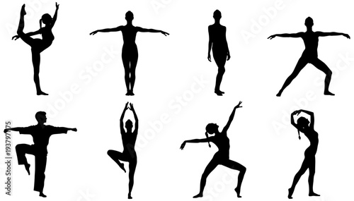 Dance and yoga silhouette icons set featuring expressive poses, balanced stances, fitness activity, flexibility, and healthy lifestyle graphics