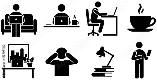 Remote work and study silhouette icons set featuring laptops, coffee, stress, productivity tools, home office, and digital lifestyle graphics