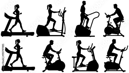 Cardio fitness equipment icons set featuring treadmill, elliptical, stair climber, stationary bike, and gym workout lifestyle silhouettes