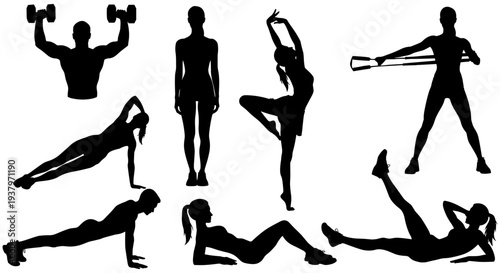 Exercise silhouette icons set featuring yoga, strength training, resistance bands, push‑ups, crunches, planks, and fitness lifestyle activities