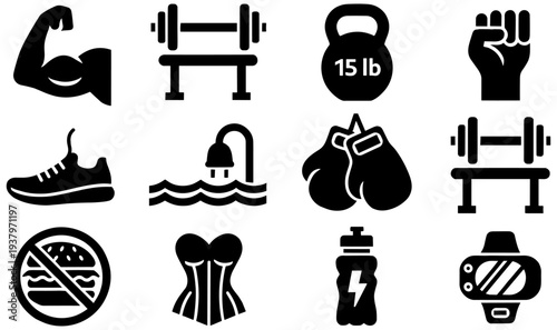 Fitness and health lifestyle icons set featuring exercise, nutrition, sports equipment, wearable technology, and wellness tracking for active living