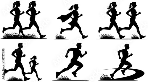 Running silhouette icons set featuring athletes, superhero runner, family jogging, fitness activity, and dynamic sports lifestyle illustrations