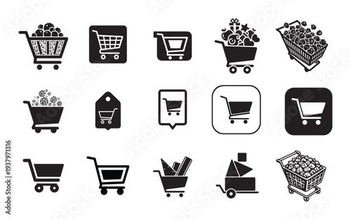 Collection of diverse shopping cart icons representing online and in-store retail experiences.