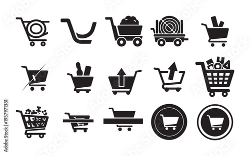 Collection of diverse shopping cart icons representing various e-commerce and retail scenarios.