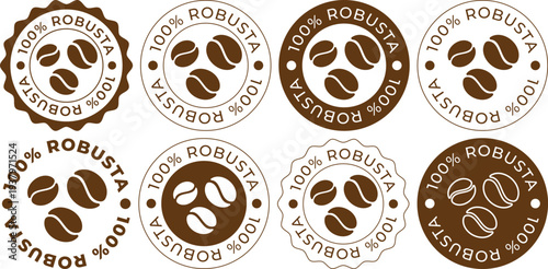 Badges display brown Robusta coffee beans with clear text showing 100 percent Robusta