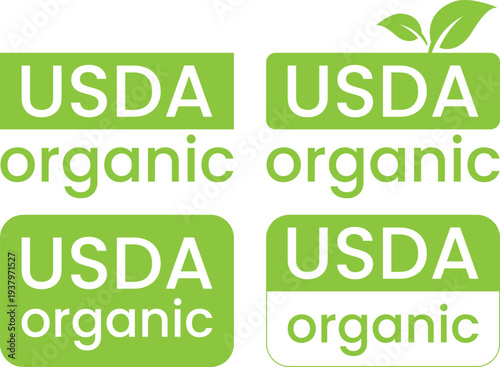 Collection of USDA Organic certification seals displayed in bright green color on a white background