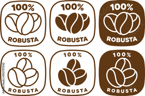 Collection of Robusta badges featuring coffee bean design in different styles and shapes