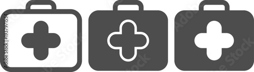 Grey first aid kit icons set for medical emergency and healthcare symbols