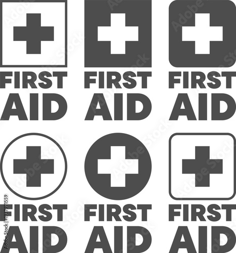 Grey first aid cross icons set in circles and squares for medical emergency symbols display