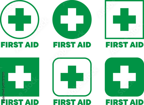 Set of green first aid cross icons in circle and square frames for medical emergencies