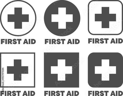 Medical cross icons represent first aid symbols in circles and squares for healthcare use
