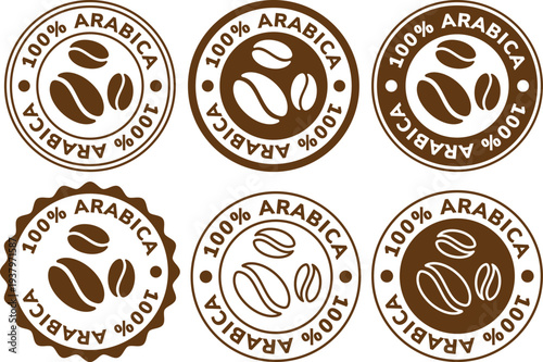 Collection of brown Arabica coffee bean badges and seals displayed on a light background