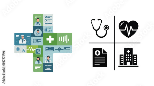 Digital healthcare technology concept with medical cross patient data health monitoring stethoscope heart rate hospital and modern telemedicine system illustration