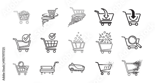 Collection of Line Art Icons Representing Shopping Carts and E-commerce Concepts