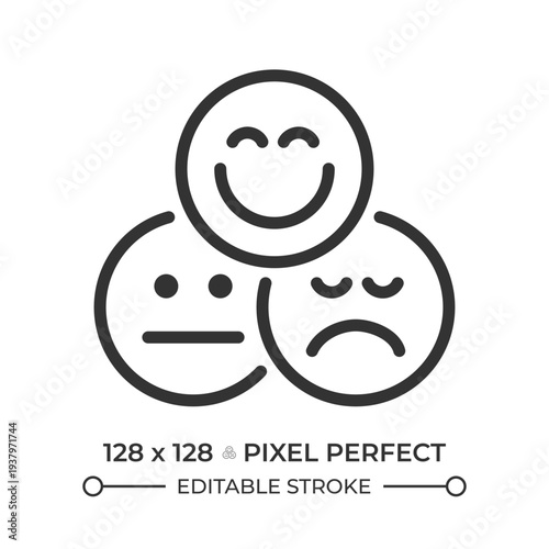 Likert scale pixel perfect line icon. Survey research, facial expressions. User experience. Communication skills. Isolated vector illustration. Outline symbol. Simple linear drawing. Editable stroke