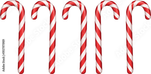Red and white striped candy cane collection, traditional Christmas sweet treat decoration isolated holiday vector illustration