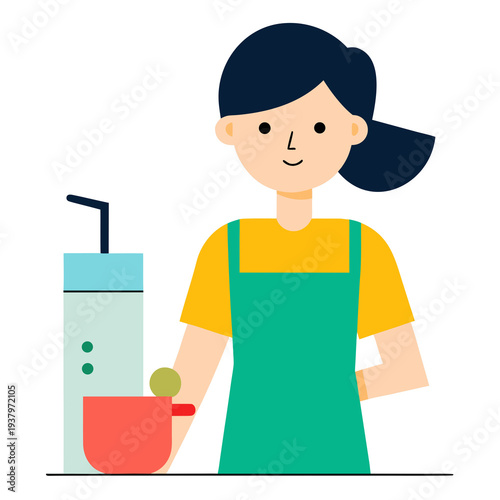 Cartoon woman in green apron with drink and bowl