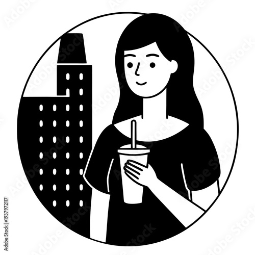 Black and white illustration of woman holding drink in city