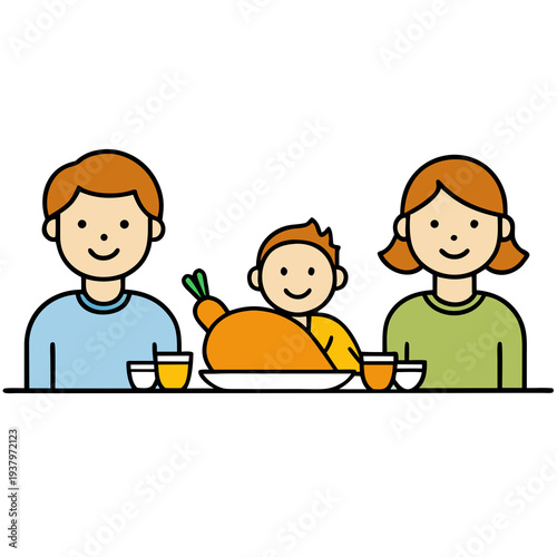 Cartoon family with roasted turkey on table