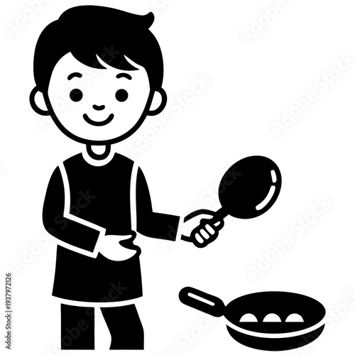 Black and white illustration of a boy holding a frying pan