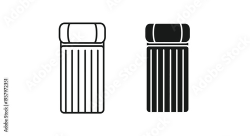Line art illustration of two black and white trash cans with lids on a white background in a simple graphic style.