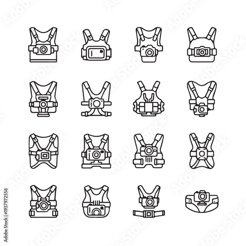 Camera Chest Mount Harness Vest Icon Set Outline Vector Illustration