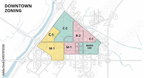 Downtown Zoning Map with Colored Districts.